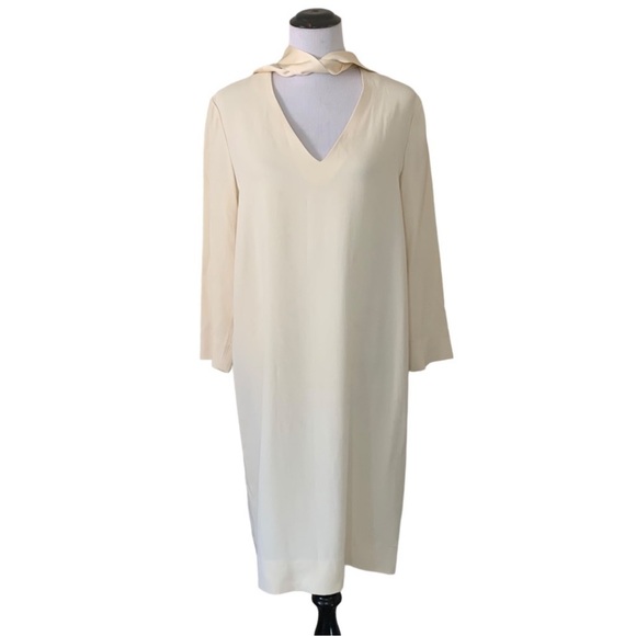 THE ROW $950 NWOT Cream 3/4 Sleeve Shift Dress W7E71AU Size 12 Tie Neck - Picture 1 of 11